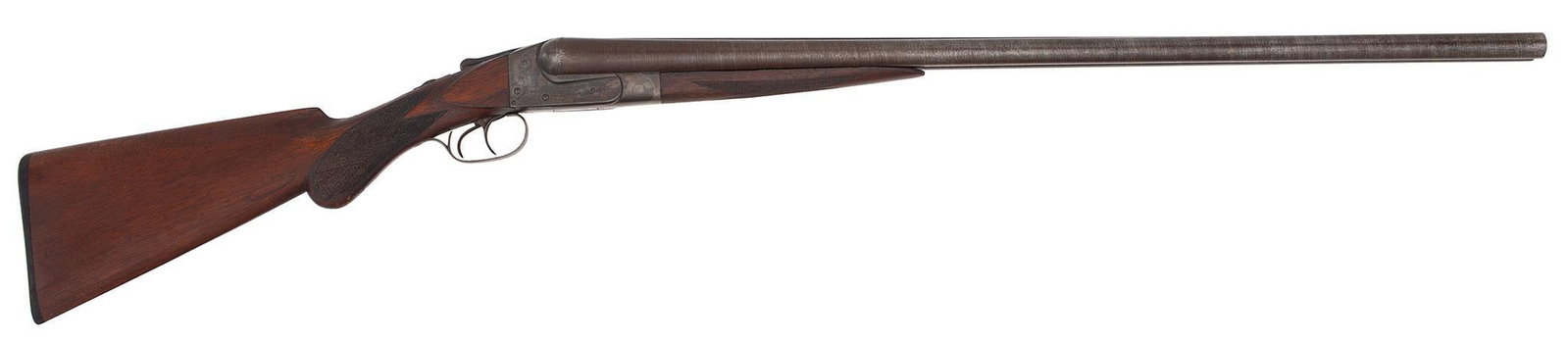 **Ithca Hammerless Double Barrel Shotgun: 12 gauge, 30" barrels, S/N 49218, Full and modified chokes. Damascus barrels, Checkered pistol grip stock with hard rubber buttplate. Checkered forearm. This shotgun is very good, retaining a lot of t