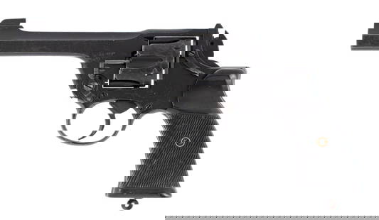 ** British Webley IV Double Action Revolver: 1.38 S&W Caliber, 5" barrel, S/N Y3971, blue finish, black checkered to grips. This revolver retains a lot of the original finish with wear to the high edges. The grips are excellent. An excellent