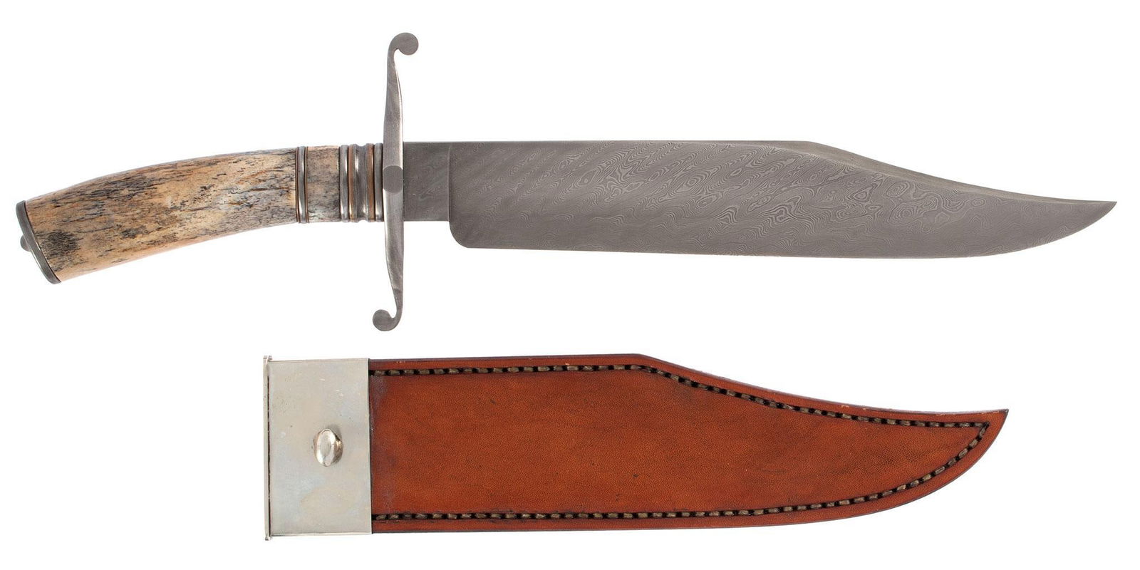 Custom Made Bowie Knife: 9.75" clip point blade hand hammered Damascus steel, "S" shaped guard, prehistoric bone handle. Leather sheath with German Silver throat. Excellent overall like new.