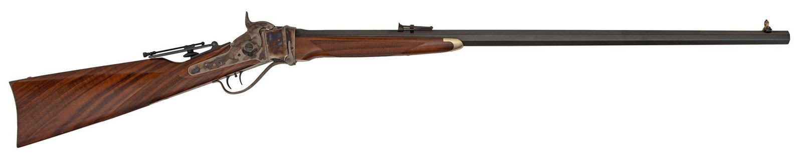 *Sharps Sporting Rifle By A.Uberti: .45-70 caliber, 32" octagonal barrel, S/N SH36949. Blue and case harden finish, checkered walnut stock and forearm with white metal forend tip. Rear long range tang sight and front folding globe. This