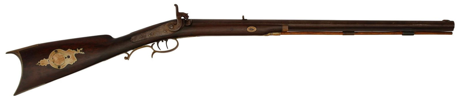 Joseph Golcher Percussion Rifle: .40 caliber, 24" barrel length, NSN. Lock is marked "Joesph Golcher" in banner surrounded by pointing dog and foliage engraving. Brown barrel and lock with german silver furniture. Checkered walnut st