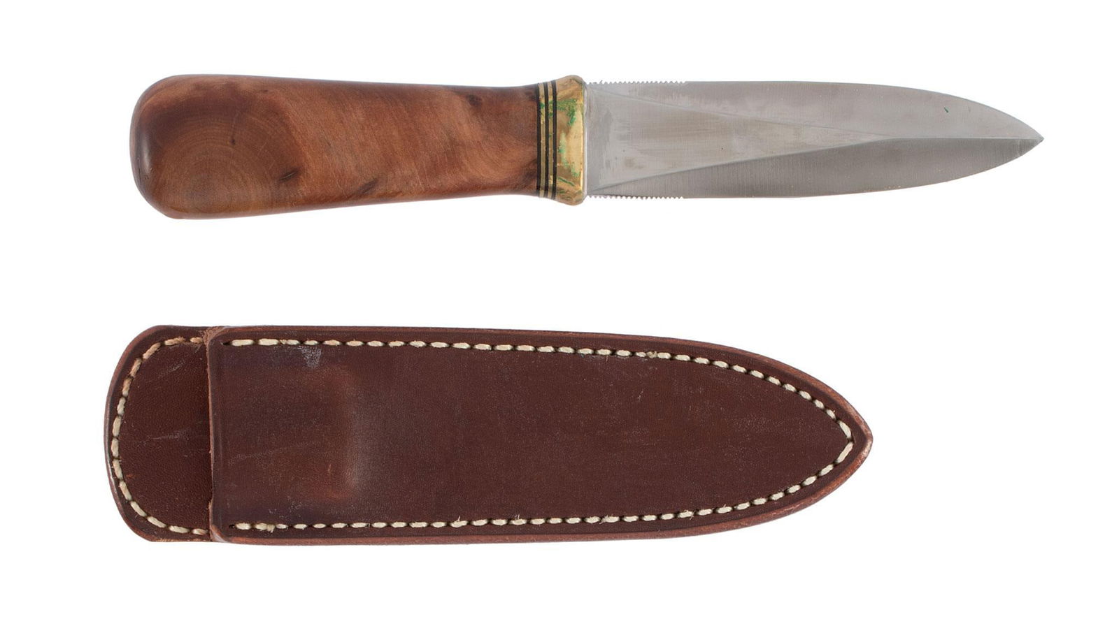 Push Dagger By Randall Knives Orlando Florida: 4" spear point blade, brass guard fancy wood handle. Custom leather sheath with belt clip. Like new condition.