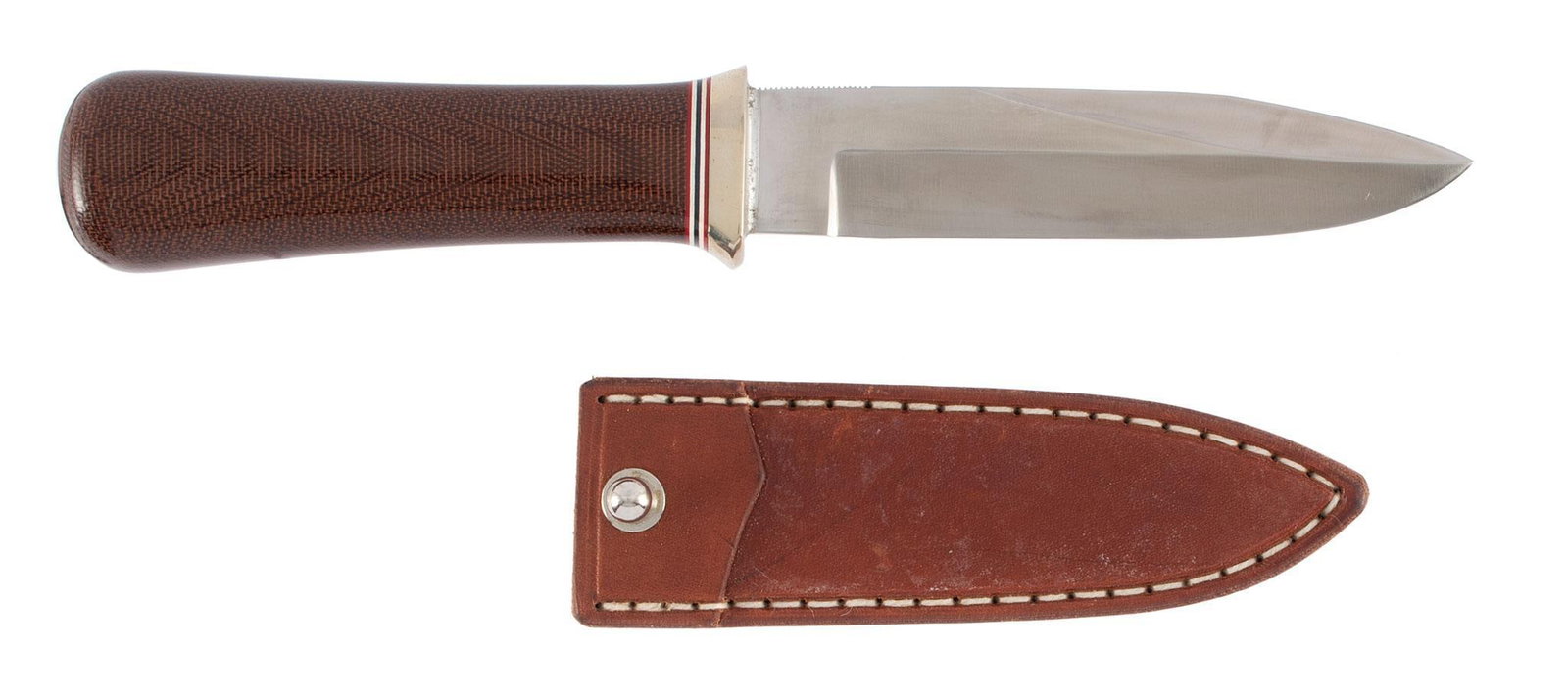 Custom Fixed Blade Knife By Randall Orland Florida: 5" spear point blade, German silver guard, Micarta handle. Leather sheath marked "Randall". Like new condition.