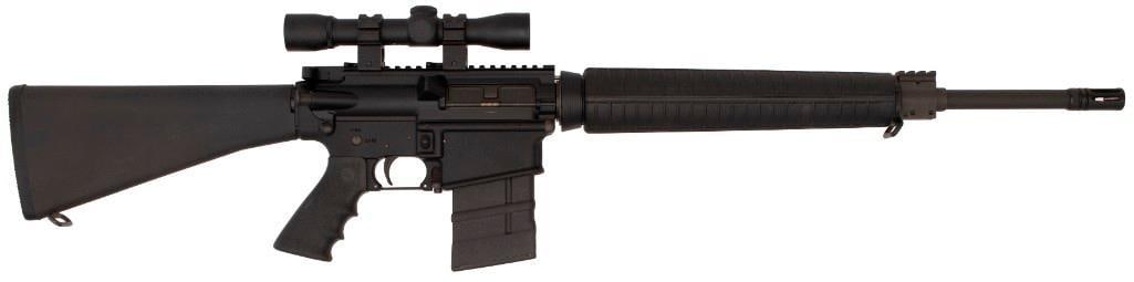 *Rock River Arms LAR-8 Rifle: 7.62 NATO caliber, 20" barrel, S/N UT102691. Matte finish with classic forend and solid stock. Ambidextrous magazine and bolt release. Fat-top upper receiver fitted with Weaver 4x28 scope. **Fine cond