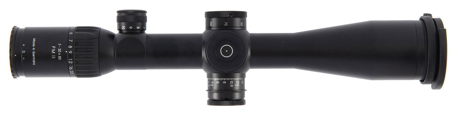 Schmidt Bender 3-20x50 PM II: Schmidt Bender PM II 3-20x50 scope. Marked "Made in Germany" and serial number. The windage and elevation turrets are equipped with locking mechanism. The scope is in new like condition with clear opt