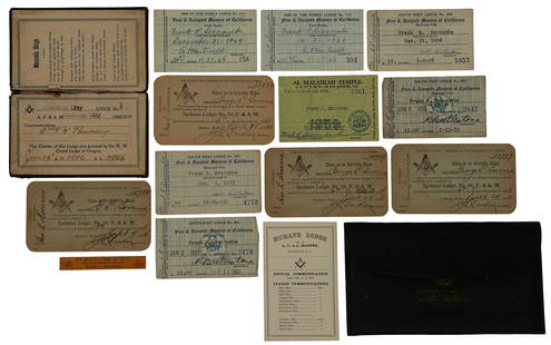 Large lot of Masonic Collectibles: Includes numerous membership cards dating from the 1920s to the 1970s, a wallet-size folder to hold a membership card with the Masonic Dirge, a rare 33rd degree pouch with a Texas Grand Lodge ruler in