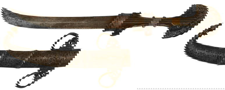 Islamic dagger 19th Century: Circa 19th century. Very ornate sheath and handle. Blade has some light rust and handle has some losses to decoration. Blade won’t quite go all the way in due to the shrinking of the wood liner to t