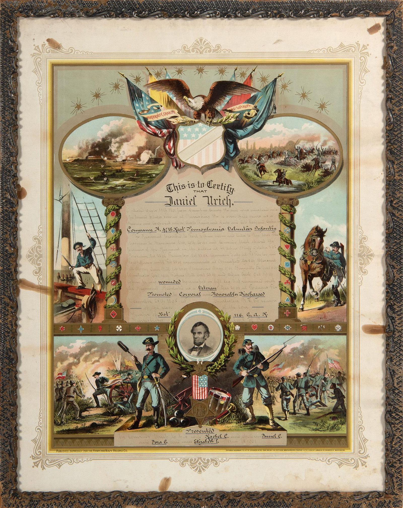 Chromolithograph Civil War Discharge Certificate: Lot includes a Chromolithograph Civil War dischharge certificate for Daniel Urich, enlisted in 1861 from Harrisburg Pennsylvania into the Volunteer Infantry 47th Reg. Dishcarged in 1865. Chromolithogr