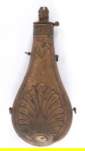 Civil War Era Copper Powder Flask by A.M. Flask &amp; Cap Co.: American, 19th century. A decorated copper powder flask by A.M. Flask &amp; Cap Co. ; 9.75 inches. Overall good condition with minor oxidation.