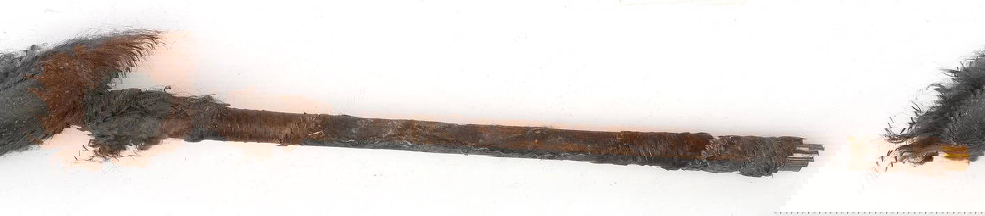 Contemporary Great Lakes Ball Head Hand War Club: 27.5" length, ball head covered in hind and fur, The haft is covered in hide. Contemporary made copy.