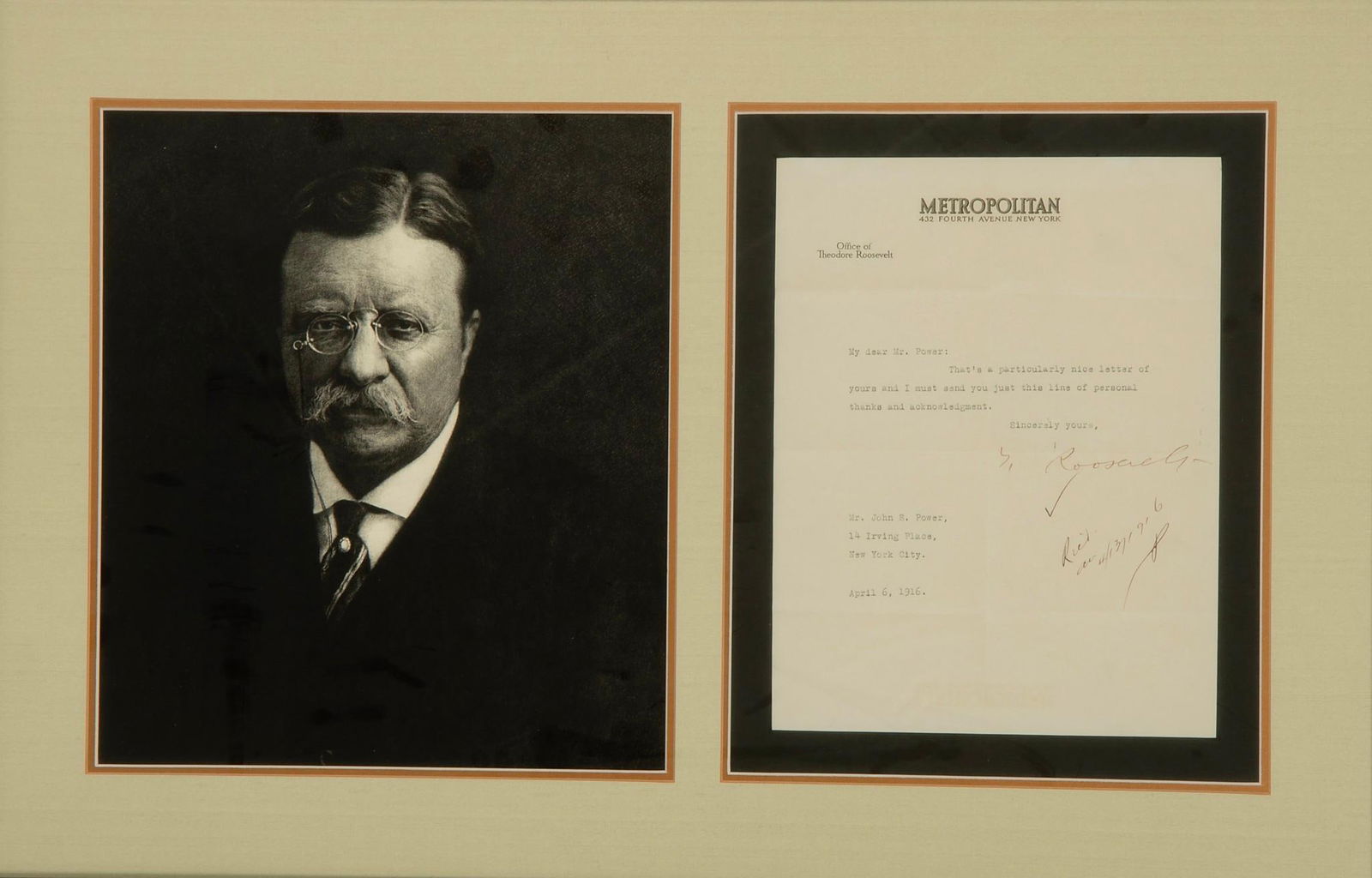 Framed Etching and Signed Theodore Roosevelt Letter: Lot includes a framed Jacques Reich etching of Theodore Roosevelt plus a singed letter from Theodore Roosevelt to Mr. John S. Power dated 1916. Overall good condition.