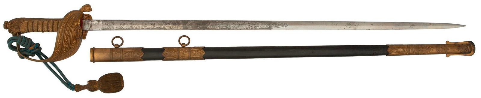 German Naval Officers Sword by F.W. Theegarten: 30" blade with etched panels of military motifs. Brass guard with crown and naval anchor, shagreen and wire handle, lion pommel. Marked on the blade near the guard F.W. Theegarten Solingen. Leather sc