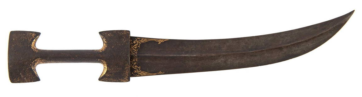 Turkish Ottoman Jambiya Gilded Dagger: A Turkish Ottoman Jambiya dagger with double edged curved gold gilded blade, gilded handle; blade length 12.75, overall length 19.5 inches. Overall good condition. Loss of gilding to the handle.