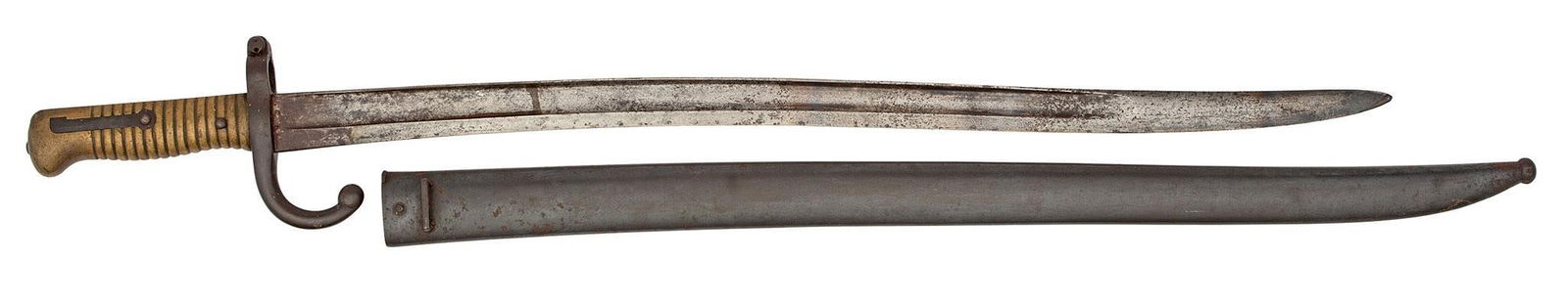 French 19th Century Chassepot Yataghan Bayonet: French, circa 1880. A 19th century Yataghan bayonet with metal scabbard, guard with AB 27653 with matching scabbard; blade 22.5 inches, overall 28 inches. Overall good condition.