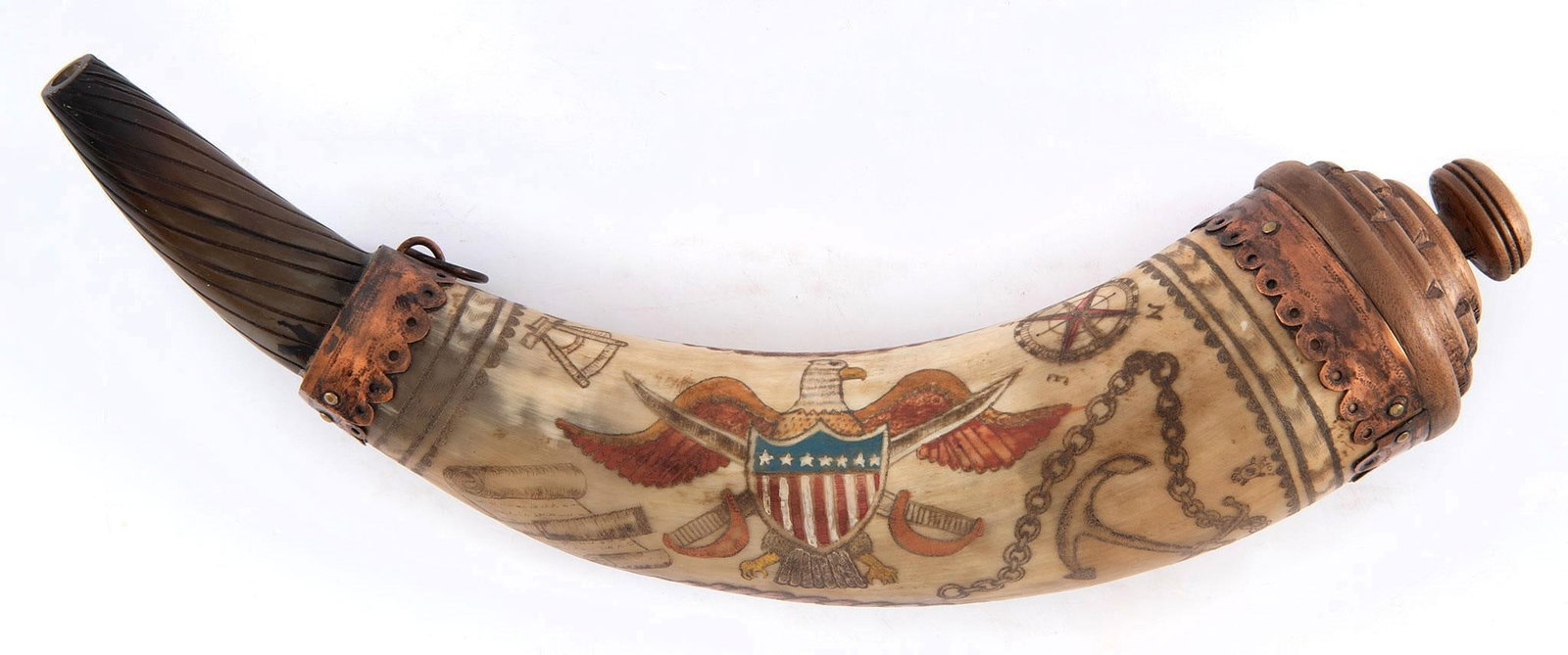 RICK FROEHLICH CONTEMPORARY SCRIMSHAW-DECORATED AND CARVED POWDER HORN CA 2014: A large and highly engraved and polychrome contemporary powder horn by Rick Froehlich. Measuring at 13.75" through the inside curve, the horn proper features several naval scenes. The main scene is 2 