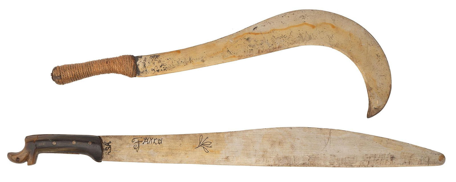 Lot of Two Ethnographic Weapons: Lot consists of two ethnographic knives with 21.25" and 16" blades, featuing fiber wrapped grap and with horn grip. **Some scratching and oxidation to blades present. Some wear and crack to right side