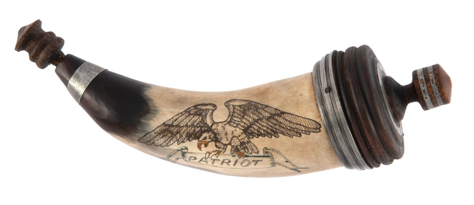 Contemporary Scrimshaw Decorated and Carved Patriotic Powder Horn: Simple folk style patriotic powder horn with wood plug. Small in size measuring 7.5" through inside curve with iron inlay near the spout and edge near base. The body with a simple but meaningful patri