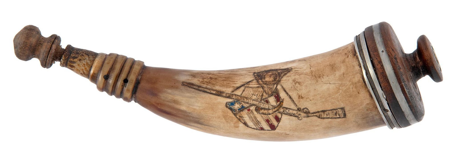 Contemporary Patriotic Engraved Eagle Powder Horn: Small contemporary engraved powder horn measure 8" through the inside curve. Engraved with a Kentucky long rifle with hunting bag and powder horn. American flag borders the rifle scene. Bright polychr
