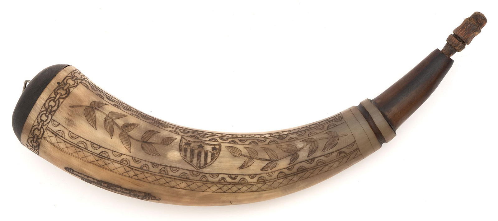 Contemporary Carved Powder Horn with Naval Scene and Cannon (1 of 4)
