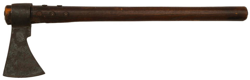 Contemporary Copy of a 18th Century Belt Axe: This is a very good copy of an 18th century belt axe. The wood shaft measures 19.5" with forged blade. Decorated with iron tacks on the shaft near the axe head and at base of shaft. Showing use from r