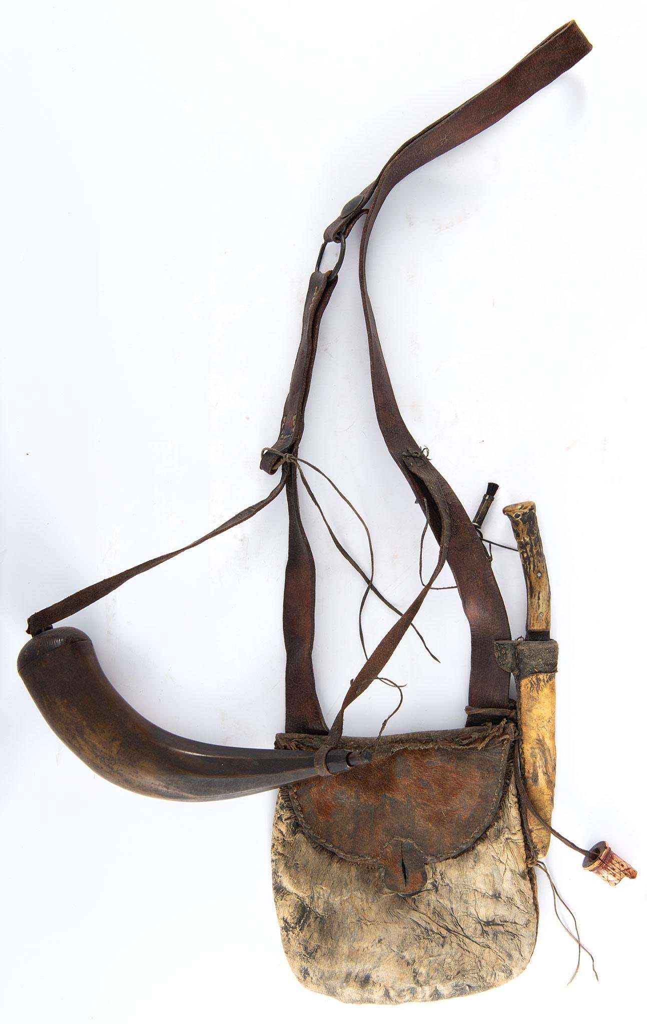 A Early 20th Century Handcrafted Hide Possible Bag and Powder Horn with Accoutrements (1 of 3)