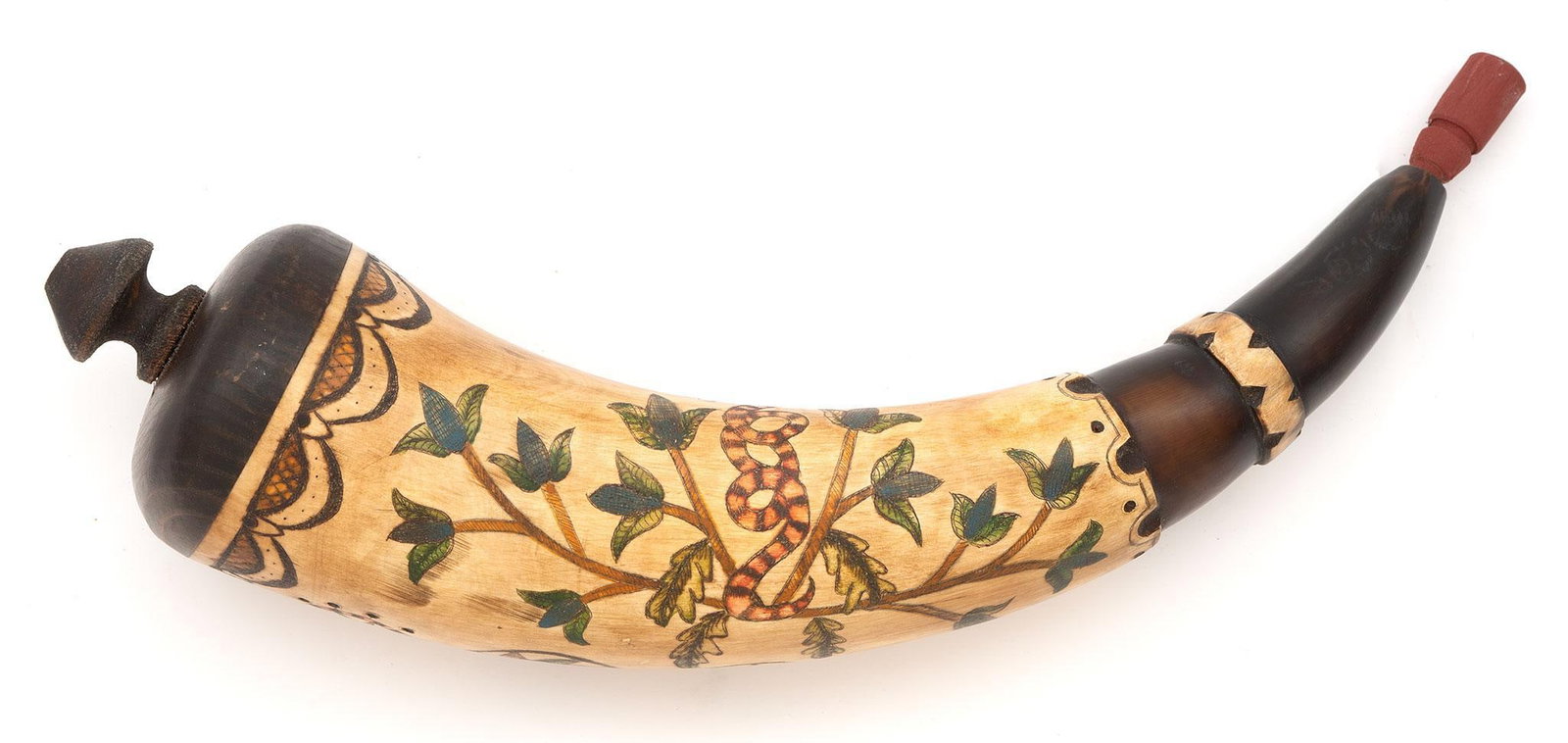 RICK FROEHLICH CONTEMPORARY SCRIMSHAW-DECORATED AND CARVED POWDER HORN Ca 2014: Fantastic Rick Froehlich contemporary engraved powder horn with really vibrant polychrome. A true folk style horn with several pinwheels, geometric borders and a tree branch with a serpent. Bright col