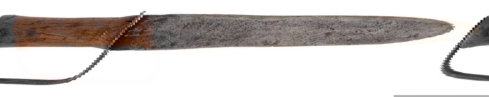 Civil War Confederate D Guard Bowie Knife: American, 19th century. A Civil War era Confederate D guard Bowie knife with cherry wooden handle and spear point blade; blade length 12 inches. Overall length 17 inches. Overall good condition.