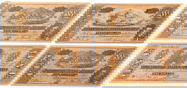 Grouping of Confederate States of America Paper Currency: Lot includes a $1 bill, two $10 bills and a single $20 paper currency bill for the Confederate States of America; 3.25 x 7.5 inches. ALl marked Richmond 1864. Overall good condition. creases and loss