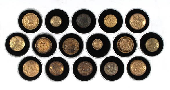 A Grouping of Various Civil War Era Coat Buttons: American, 19th century. A grouping of 15 coat sized Civil War era buttons and state buttons, includes infantry and artillery from makers such as Horstmann and Scoville. Overall good condition