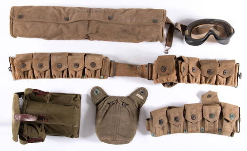 WWII Web Gear: Lot consists of 2 canvas ammo belts, Canvans Medical belt with accessory pouch, 1 set of Flying Type II goggles by American Optical Co, commando sweater, Smock mans Combat trouser &amp; Jacket (Size 5