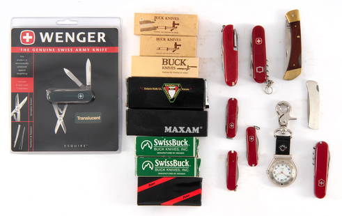 Group of Swiss Army Pocket Knives: Lot includes several knives of various brands including Swiss Army, SwissBuck, Buck, Ontario Knife Co, and Pzime. Total of 10 Swiss Army, 4 Buck Knives, 2 Buck Swiss and other makers. Total of 21 kniv