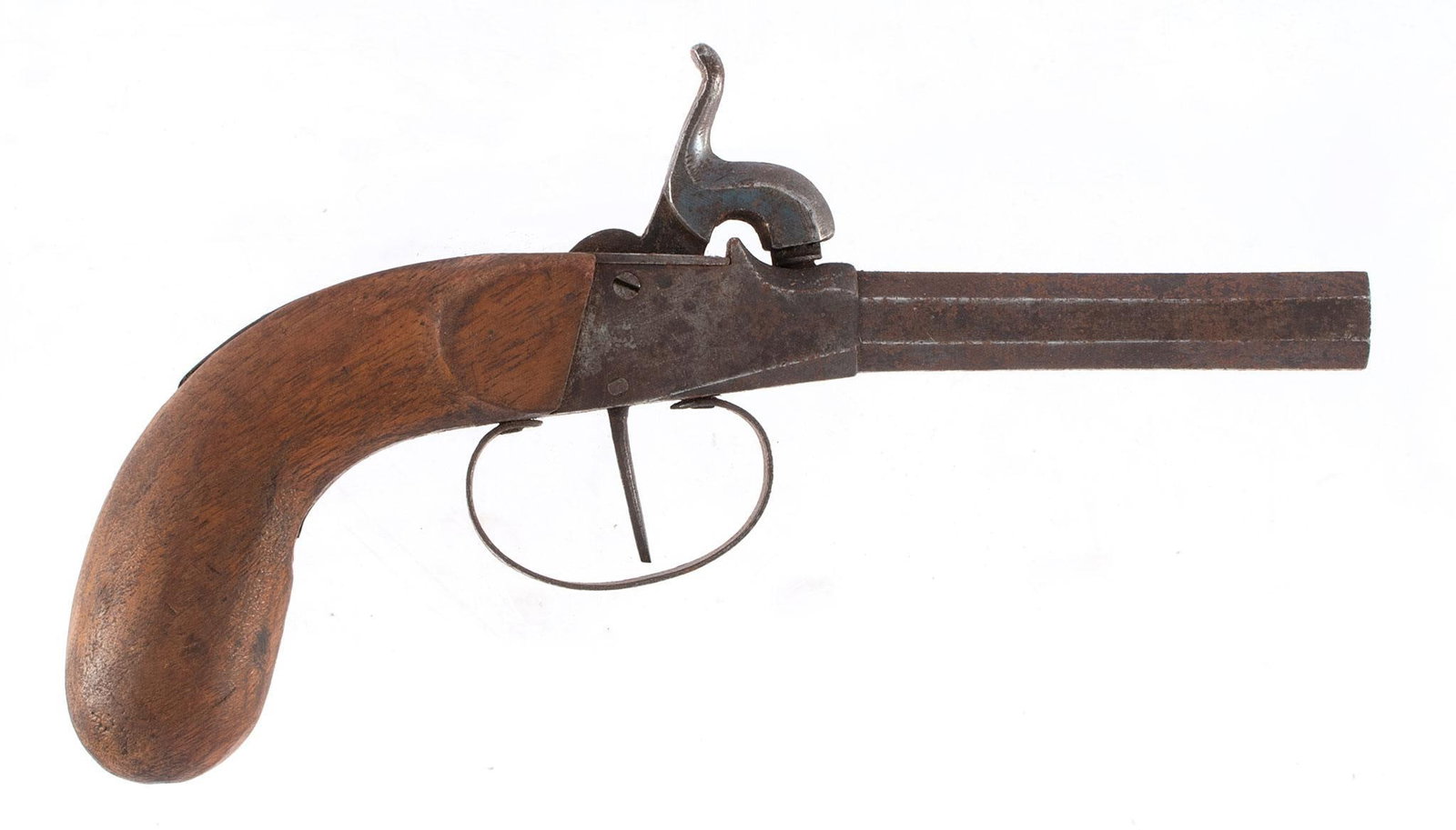 19th Century Percussion Pistol: 19th century percussion pistol with walnut grip, octagonal barrel and frame both marked 13. Overall fair condition. Pitting to barrel and frame.