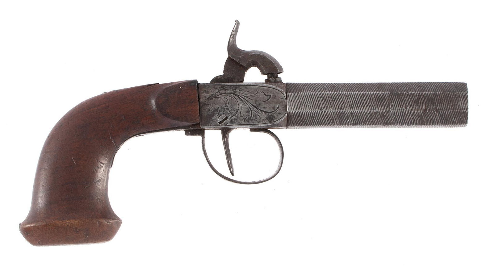 19th Century Single Shot Percussion Boot Pistol: 19th century single shot .50 caliber percussion boot pistol, etched barrel and frame with walnut handle. Overall good condition.