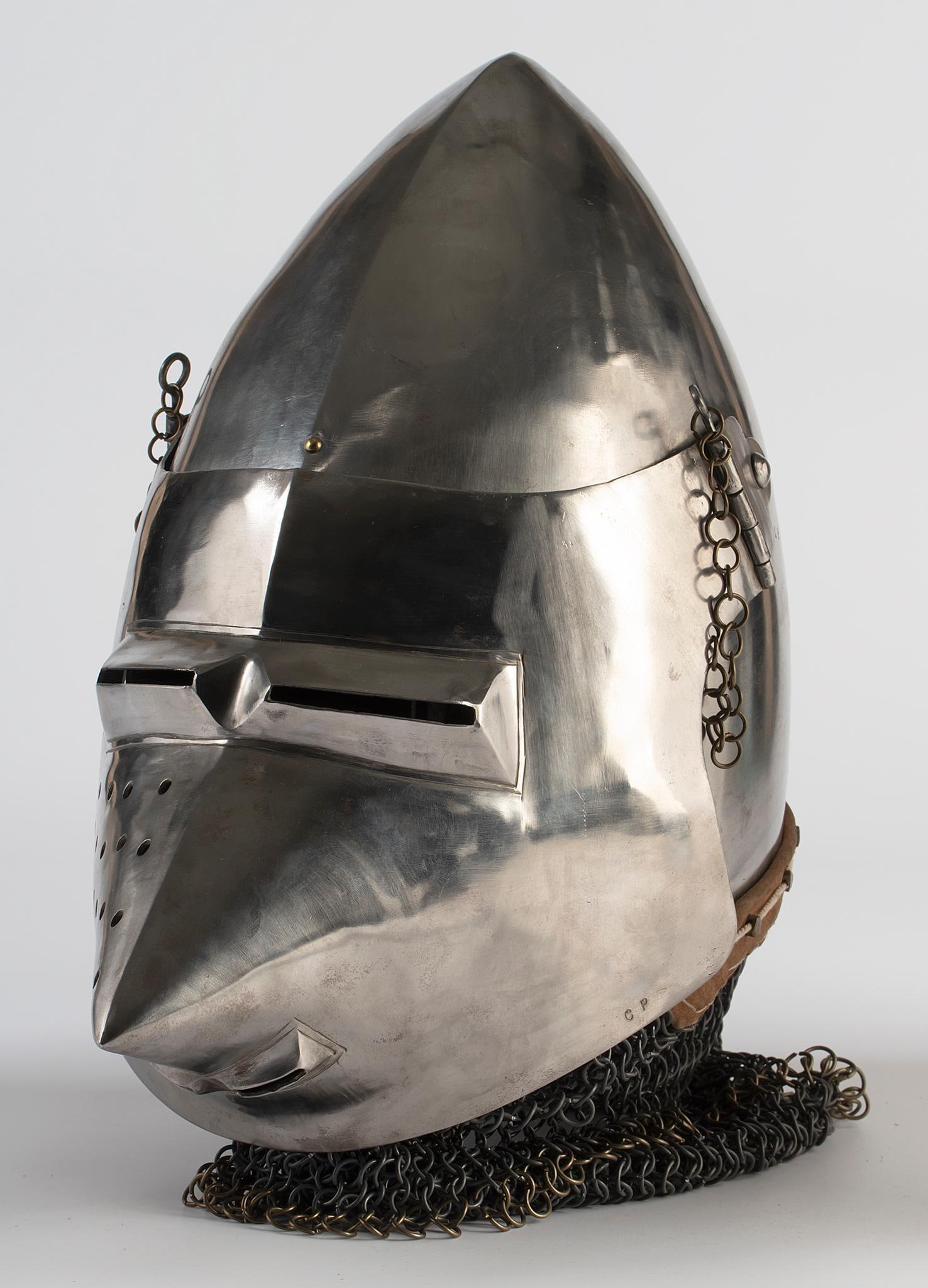 Well-Made Contemporary 14th Century Hounskull Bascinet by Chris Poor: Weight 9.5 pounds. Well made. Excellent condition great for reenactor. Arms & Armor, founded by Christopher Poor in 1982, handcrafts historically accurate medieval and Renaissance replicas, supply