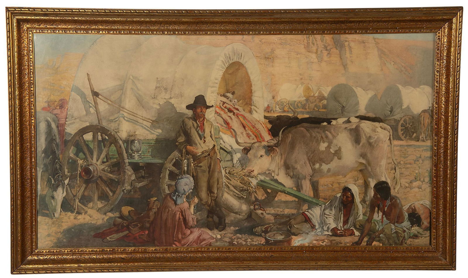 The Old Santa Fe Trail by John Young Hunter: The Old Santa Fe Trail Lithograph on Board Signed R&R John Hunter l.l. 25.5 x 47 inches (sight) 32 x 53 inches (frame) Housed in Gilded Frame Overall good condition.