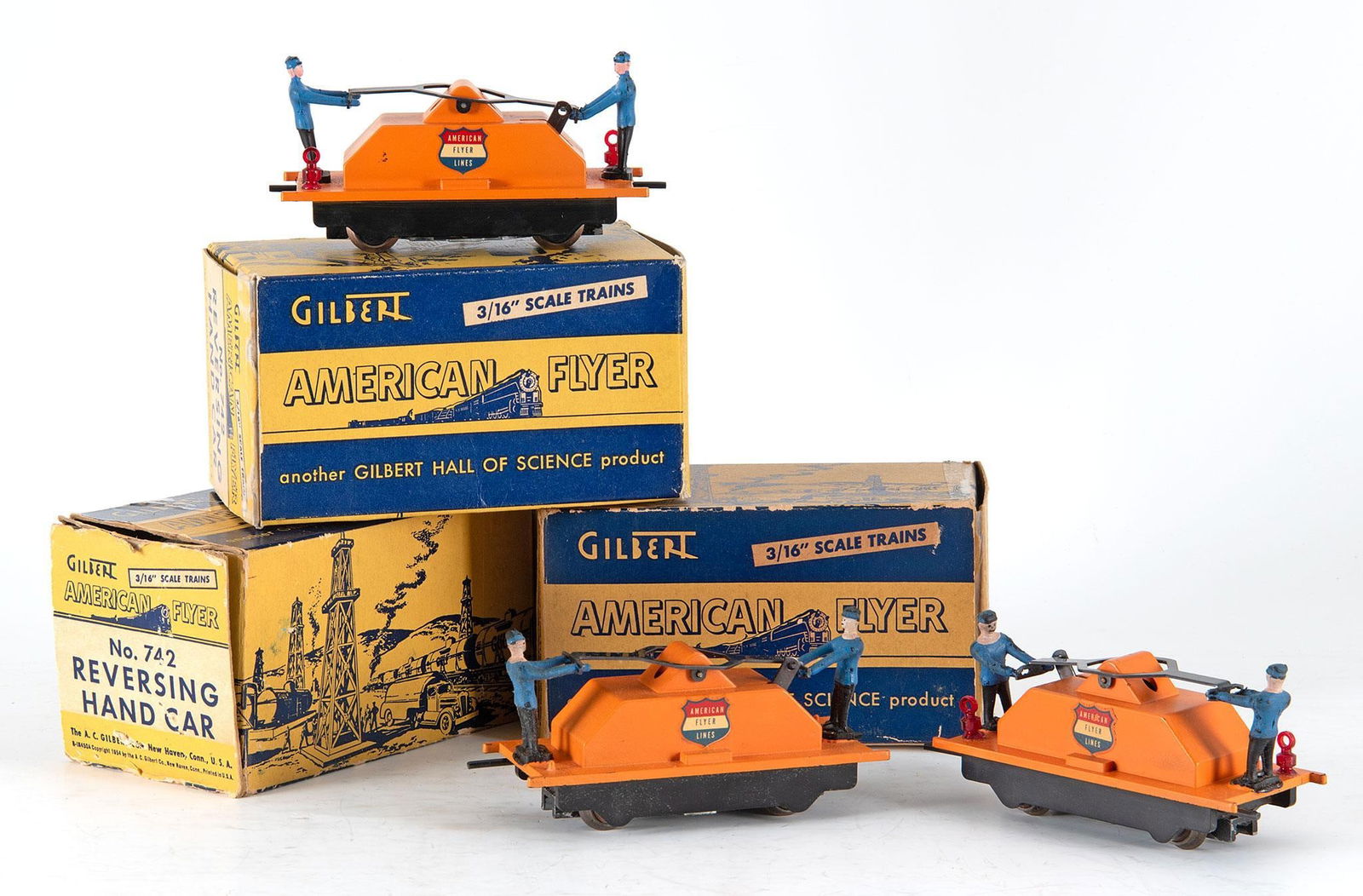 American Flyer Reversing Hand Car: Lot includes 3 #742 Reversing Hand Cars in original boxes. Overall good condition.