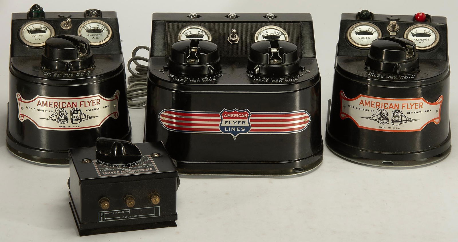 American Flyer Train Transformers: Lot includes two 19B 300 watt transformer, 30B 300 watt transformer and a single No.2 75 watt transformer. All in original A.C. Gilbert Co. boxes. Overall good condition.