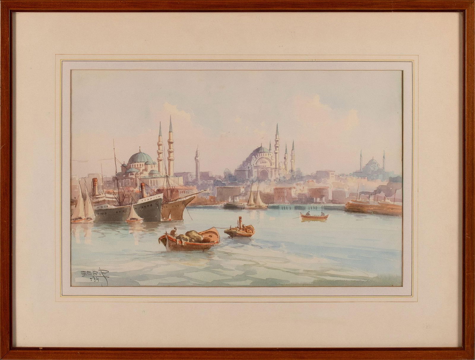 Istanbul Port Scene Watercolor Painting by Ro Cherif (Turkish, 20th Century) (1 of 2)
