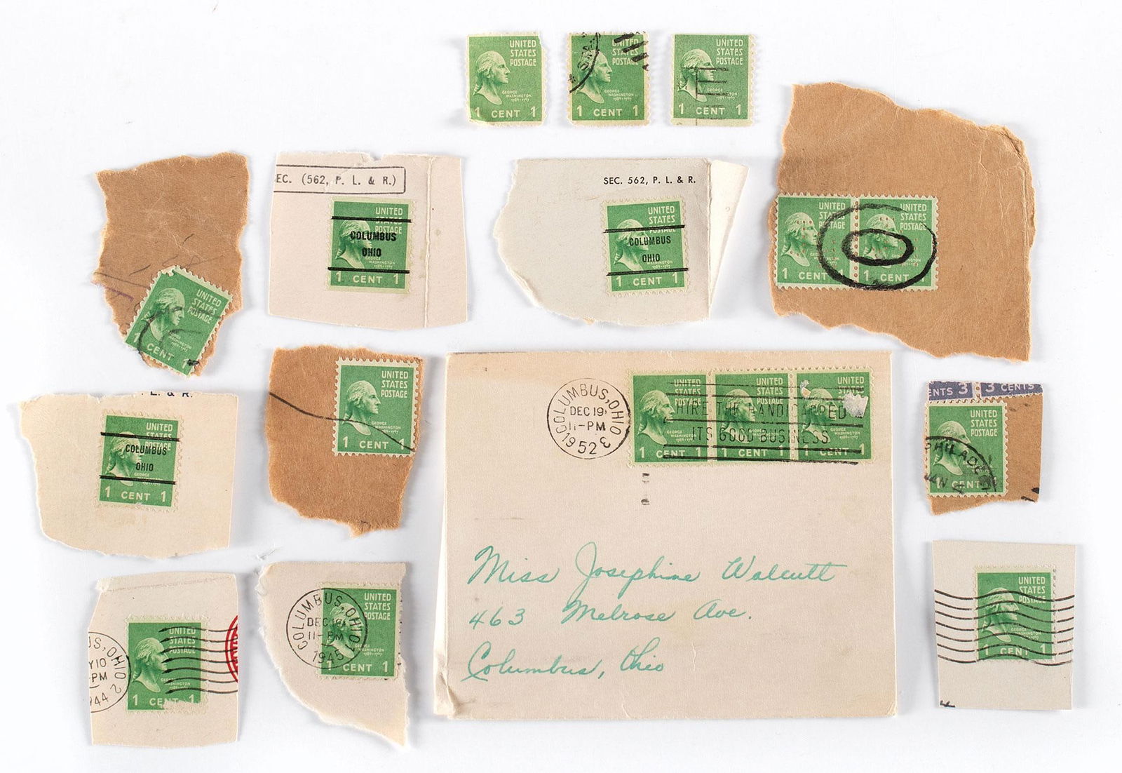 Rare United States George Washington 1 Cent Stamps: Lot includes a small grouping of 15 United States George Washington 1 cent stamps also known as the Prexie from 1938 series. Design of this stamp was based upon the Jean-Antoine Houdon bust sculpture