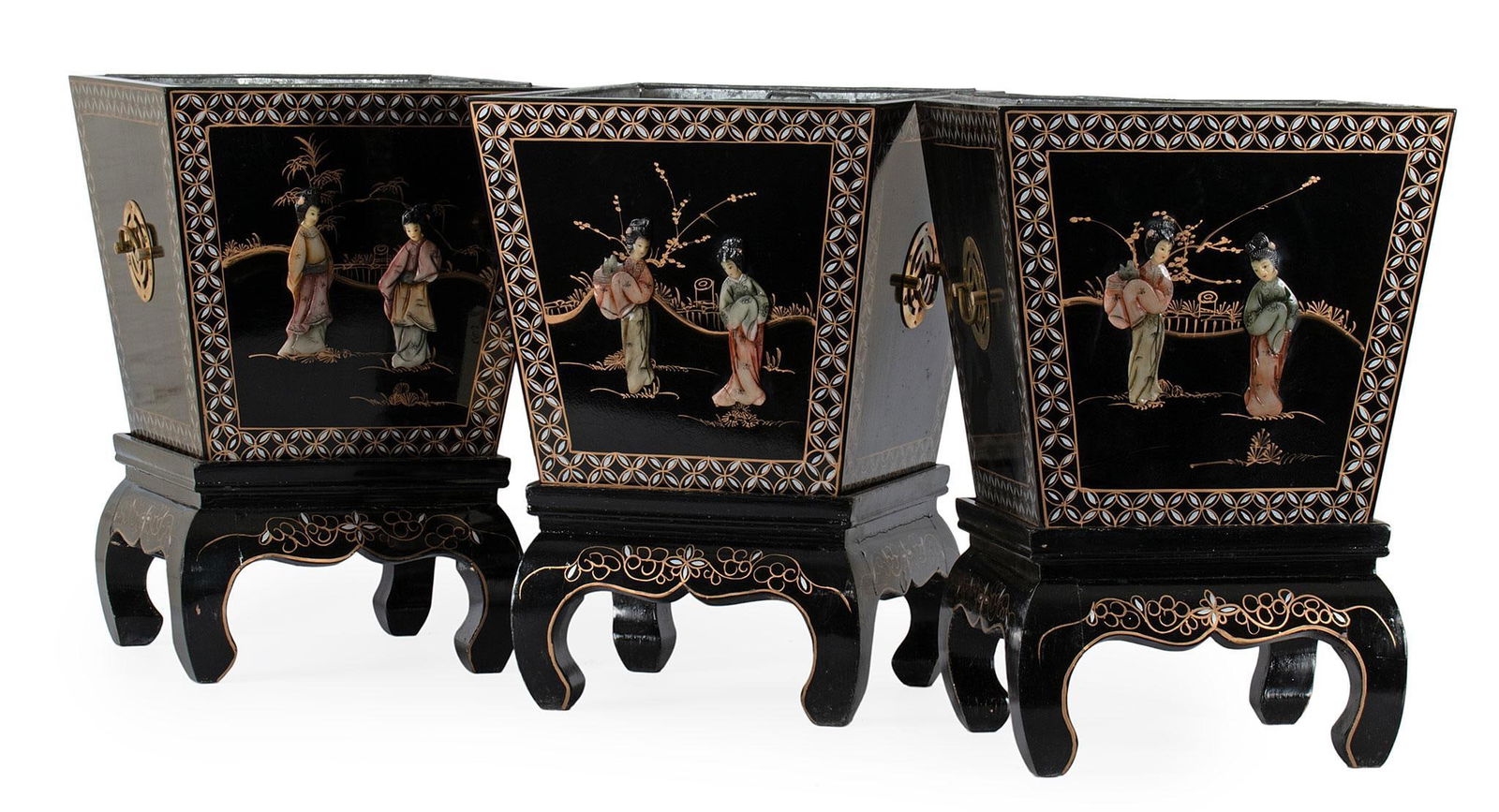 Three Chinese Lacquered Planters with Figural Hardstones (1 of 3)