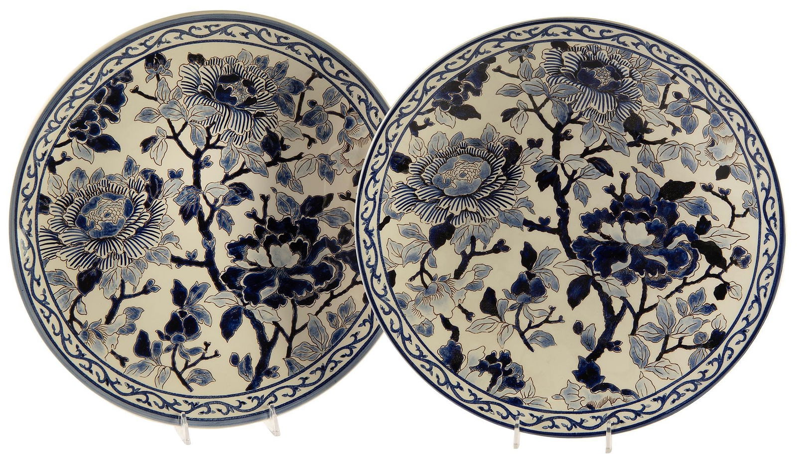 French Gien Pivoines Bleues Porcelain Trevise and Platter: French, 20th century. A single Gien "Pivoines Bleues porcelain cake platter and trevise bowl; each 12 inch diameter. Overall like new condition.