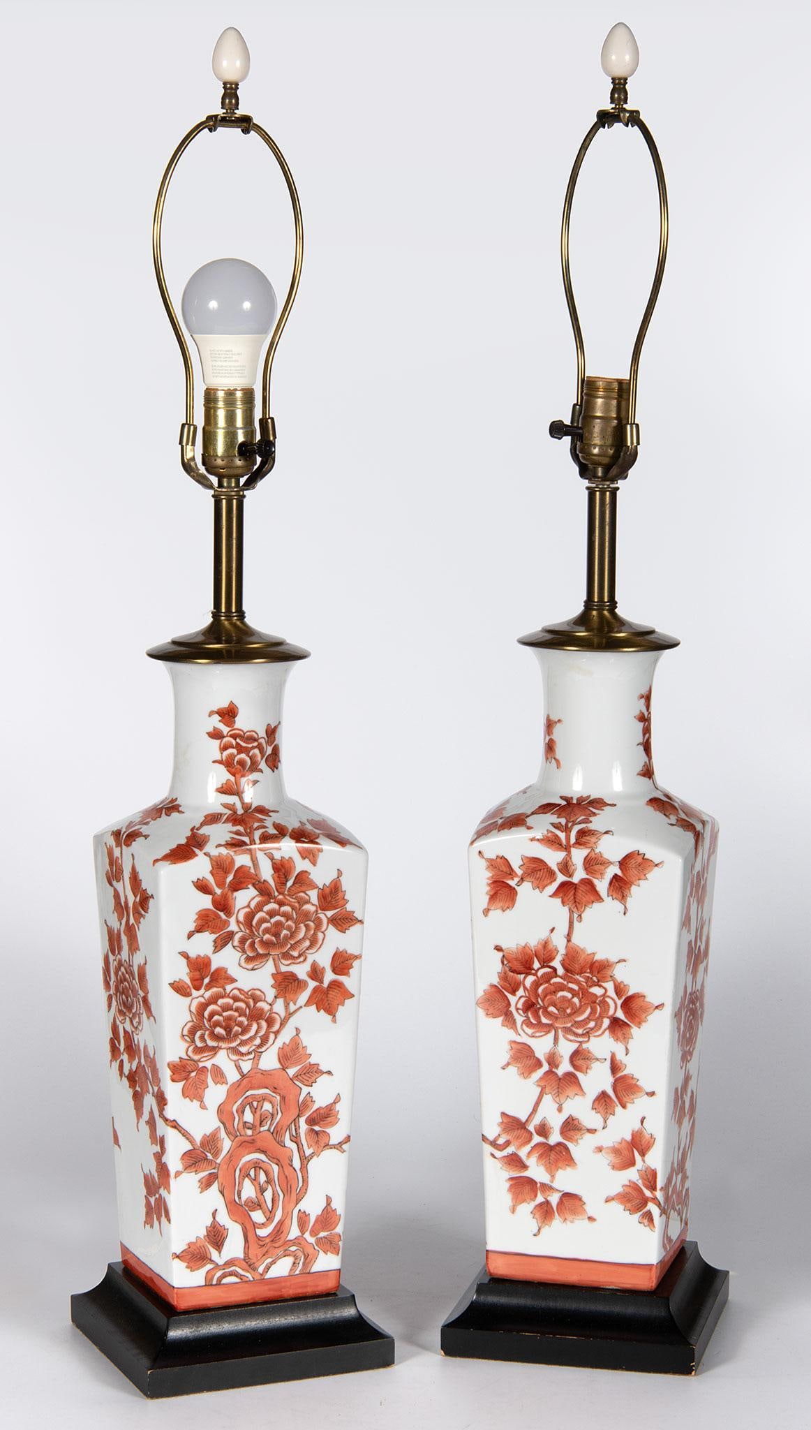 A Pair of Isco Electrified Porcelain Lamps: Japanese, 20th century. A pair of Japanese painted porcelain electrified vases, markings on base; ht. 33, wd. 6, dp. 6 inches. Overall good condition.