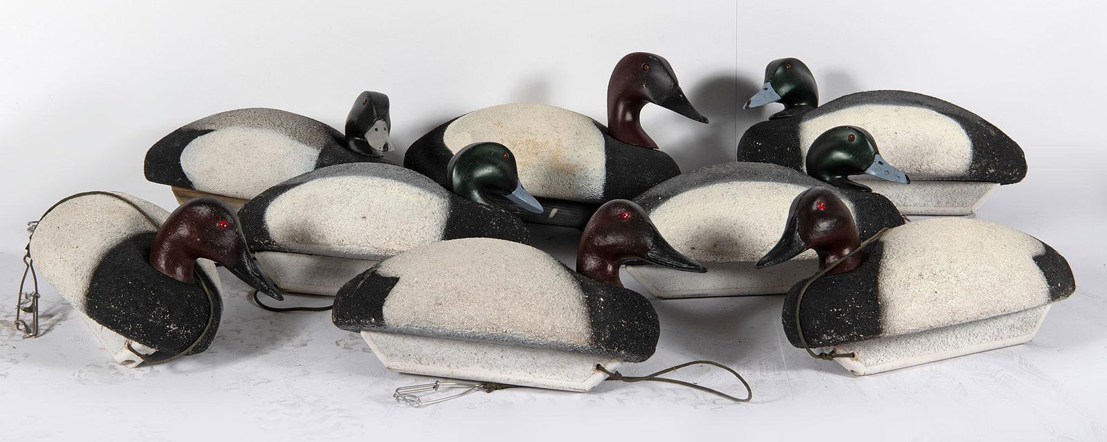 Painted Plastic Mallard Duck Decoys Restle Decoy Co.: Lot includes 8 painted plastic Mallard duck decoys by Restle Decoy Co. Inc of Maumee Ohio. Overall good condition.