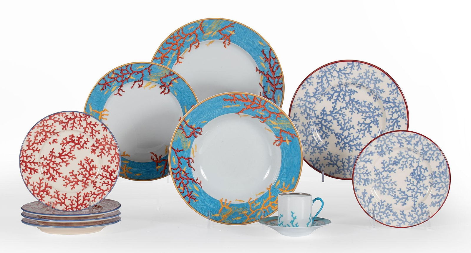 Haviland Limoges and Blue Pheasant Dinner Plates: Lot includes 11 Ocean themed porcelain dinnerwares by Haviland Limoges and Blue Pheasant with overall coral design; largest plate 10 inches. Overall good condition.