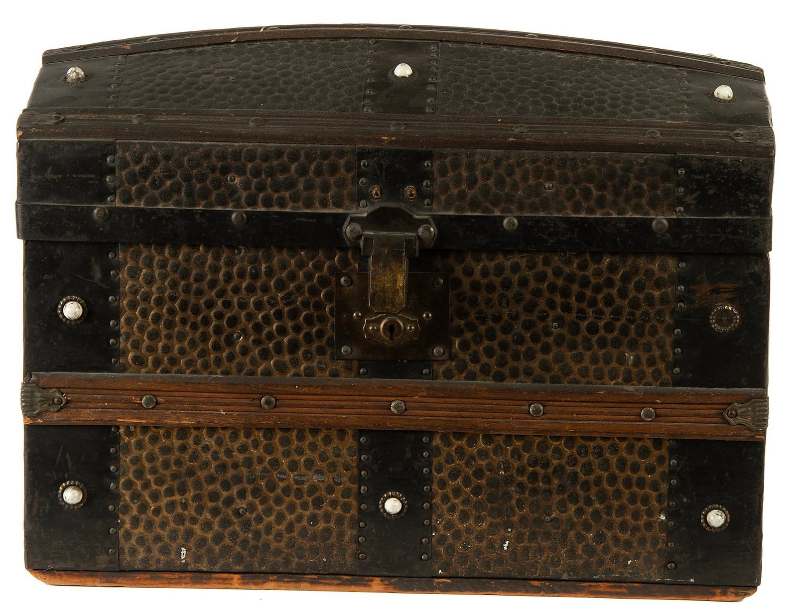 Early 20th Century Doll Chest: American, early 20th century. A diminutive doll chest with wood banding, interior with paper mache illustrations and compartment dividers; ht. 11, wd. 16, dp. 10 inches. Overall good condition.