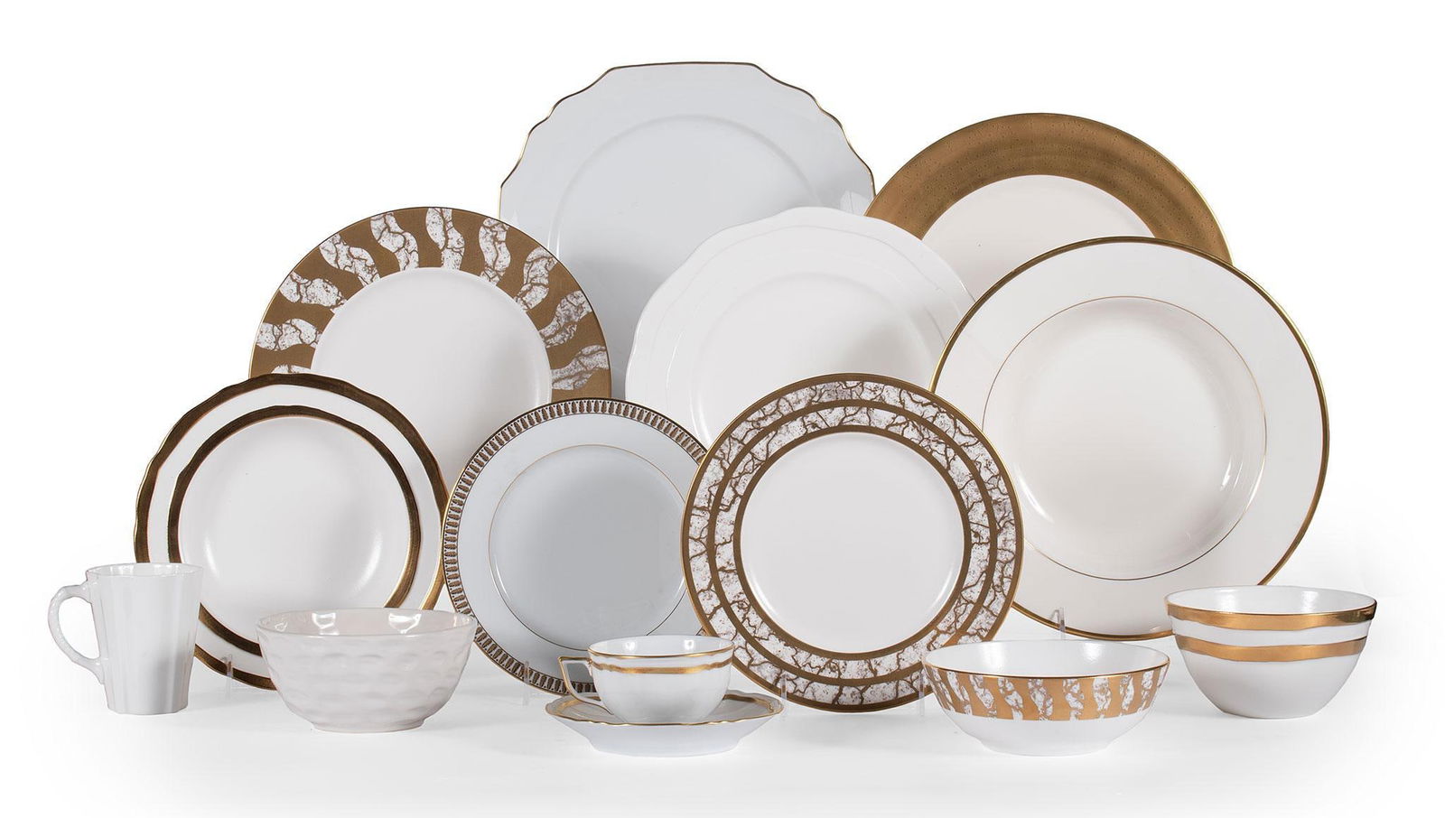 Grouping of Various Made White and Gold Accent Dinnerwares: Lot consist of 23 various made continental porcelain dinnerwares by Pickard, Raynaud, Royal Crown Derby, Michael Wainwright and Haviland Limoges, lot includes dinner plates, salad plates, dessert plat