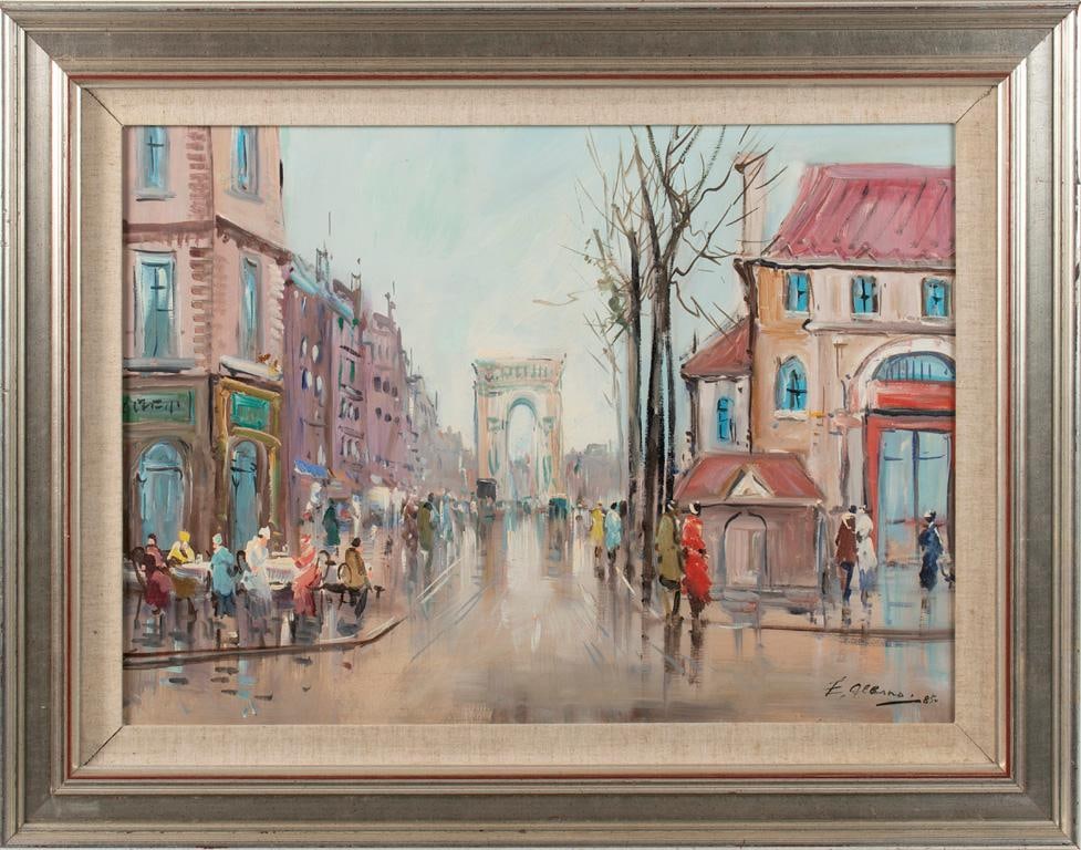 20th Century Oil on Canvas Street Scene Signed Gerard: Parisian Street Scene Oil on Canvas 20th Century Signed E. Gerard l.r. 19.5 x 27 inches (sight) 28.5 x 35 inches (frame) Overall good condition