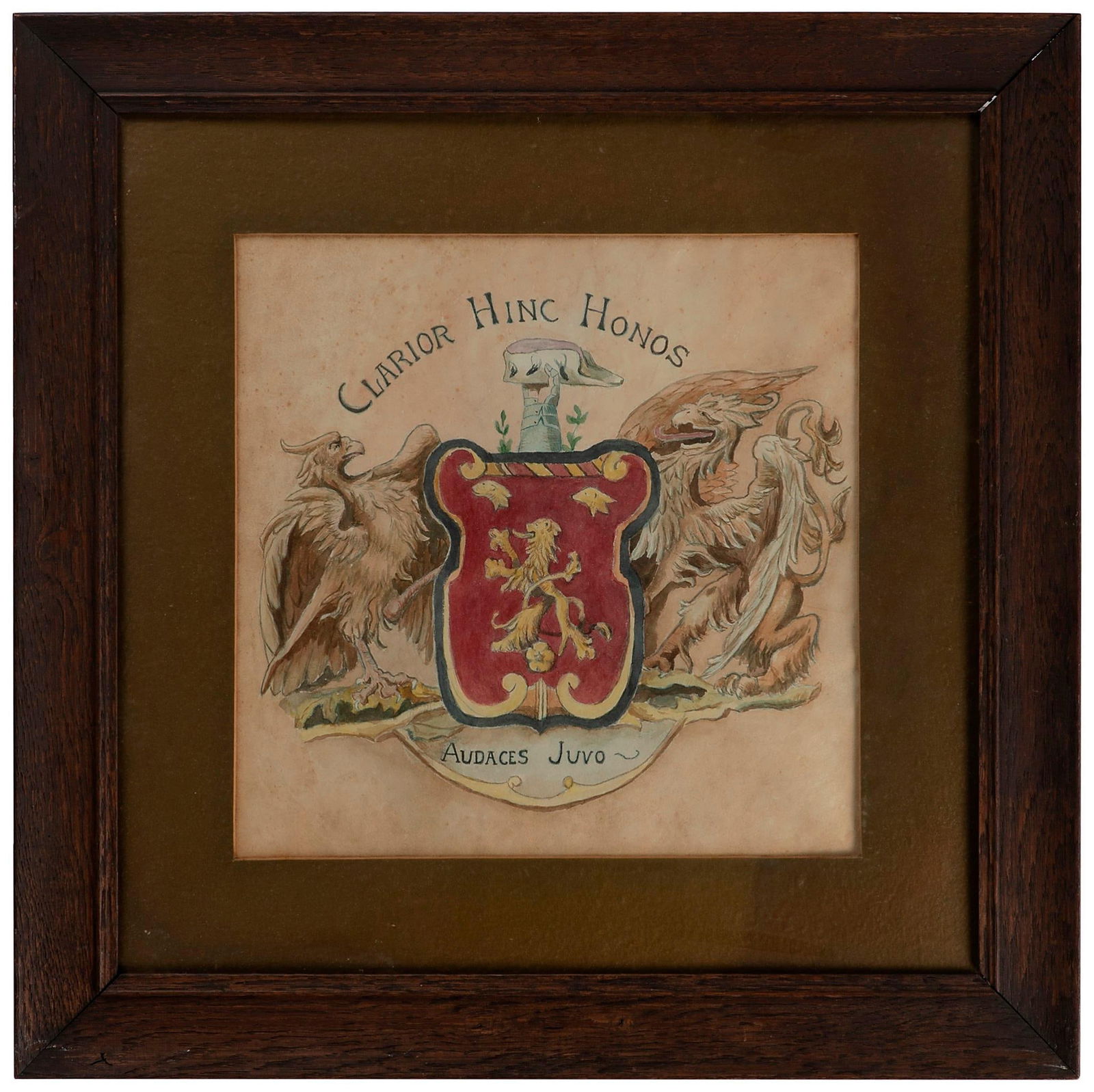 Watercolor of Scottish Coat of Arms: Clarior Hinc Honos Audaces Juvo Buchanan Clan motto watercolor on paper of Scottish Coat of Arms unmarked or signed 12 x 12 inches (sight) 21 x 21 inches (framed) Overall good condition with slight st