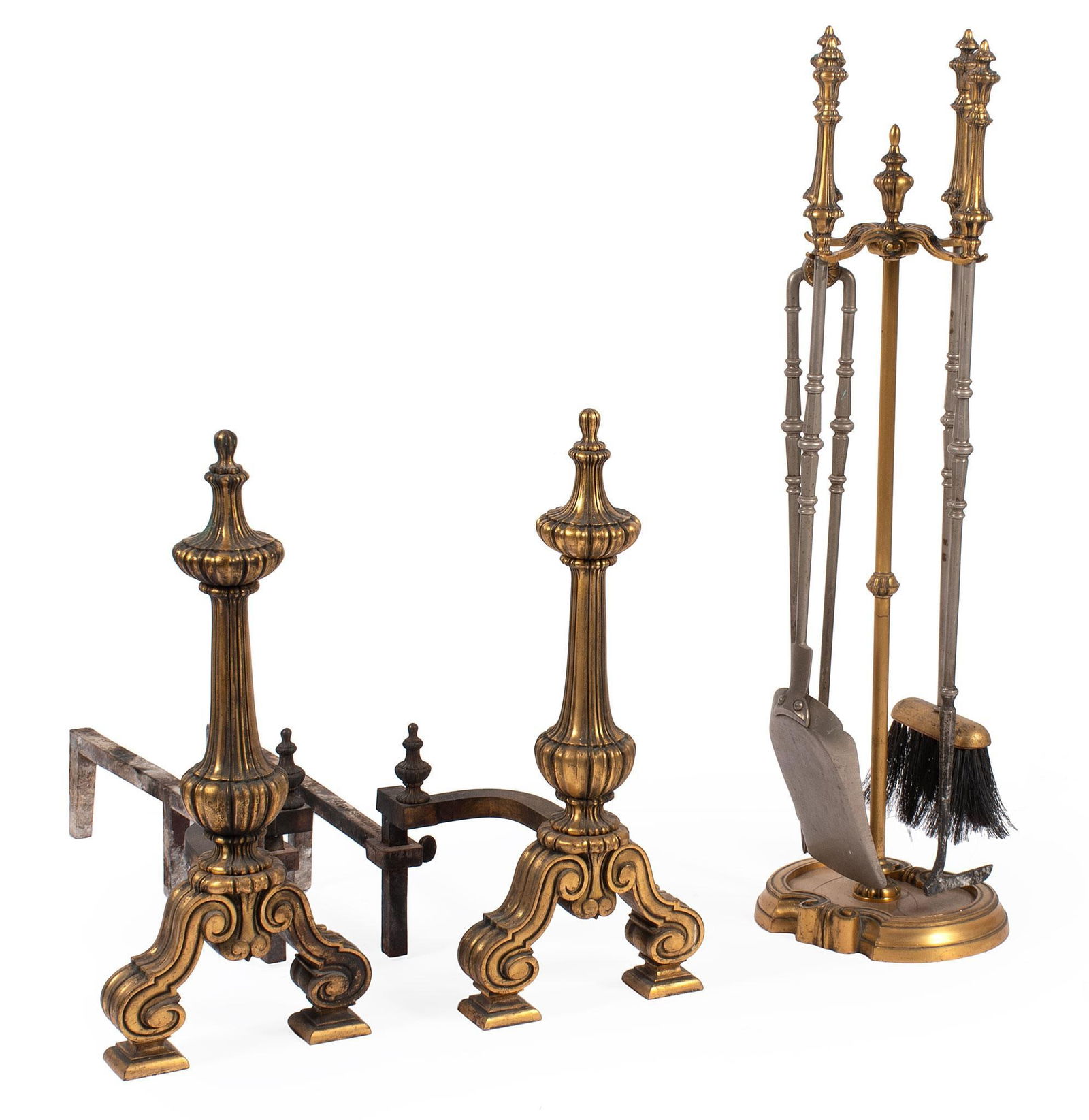 A Pair of Brass and Wrought Iron Andirons and Fireplace Tools (1 of 2)
