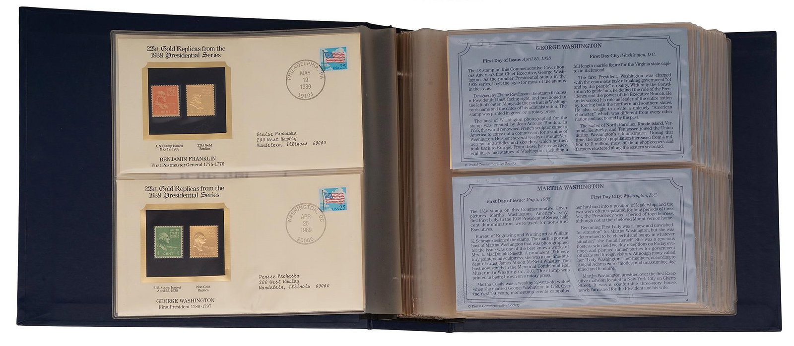 A Large Group of United States 22kt Gold Replica Stamps: A large group of 99 United States 22kt gold replica stamps, lot includes 29 22kt gold replicas from the 1938 Presidential Series, and 70 22kt gold replica stamps from the Great Americans series. Overa